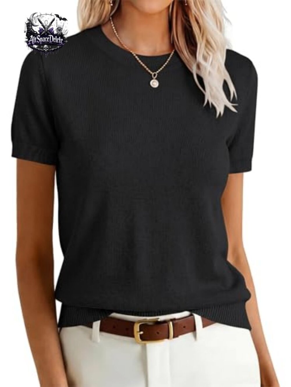 Wool Blend Short Sleeve Sweater Crew Neck Knit Pullover Top